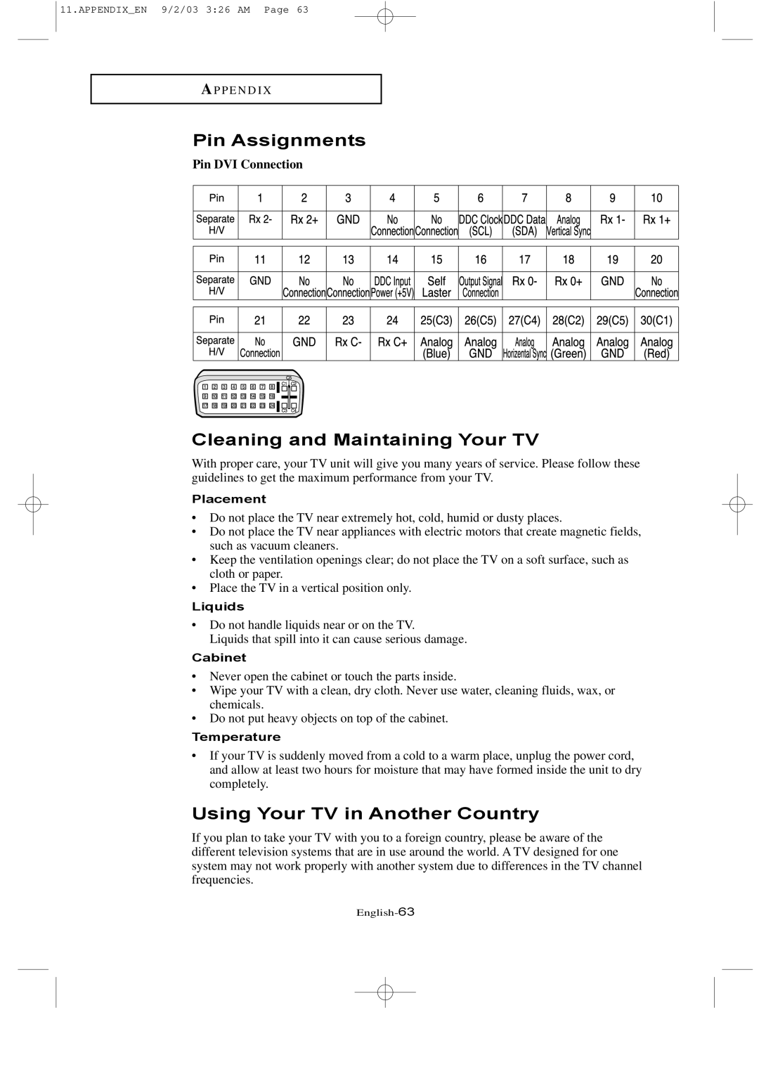 Samsung LTN226W manual Pin Assignments, Cleaning and Maintaining Your TV, Using Your TV in Another Country 