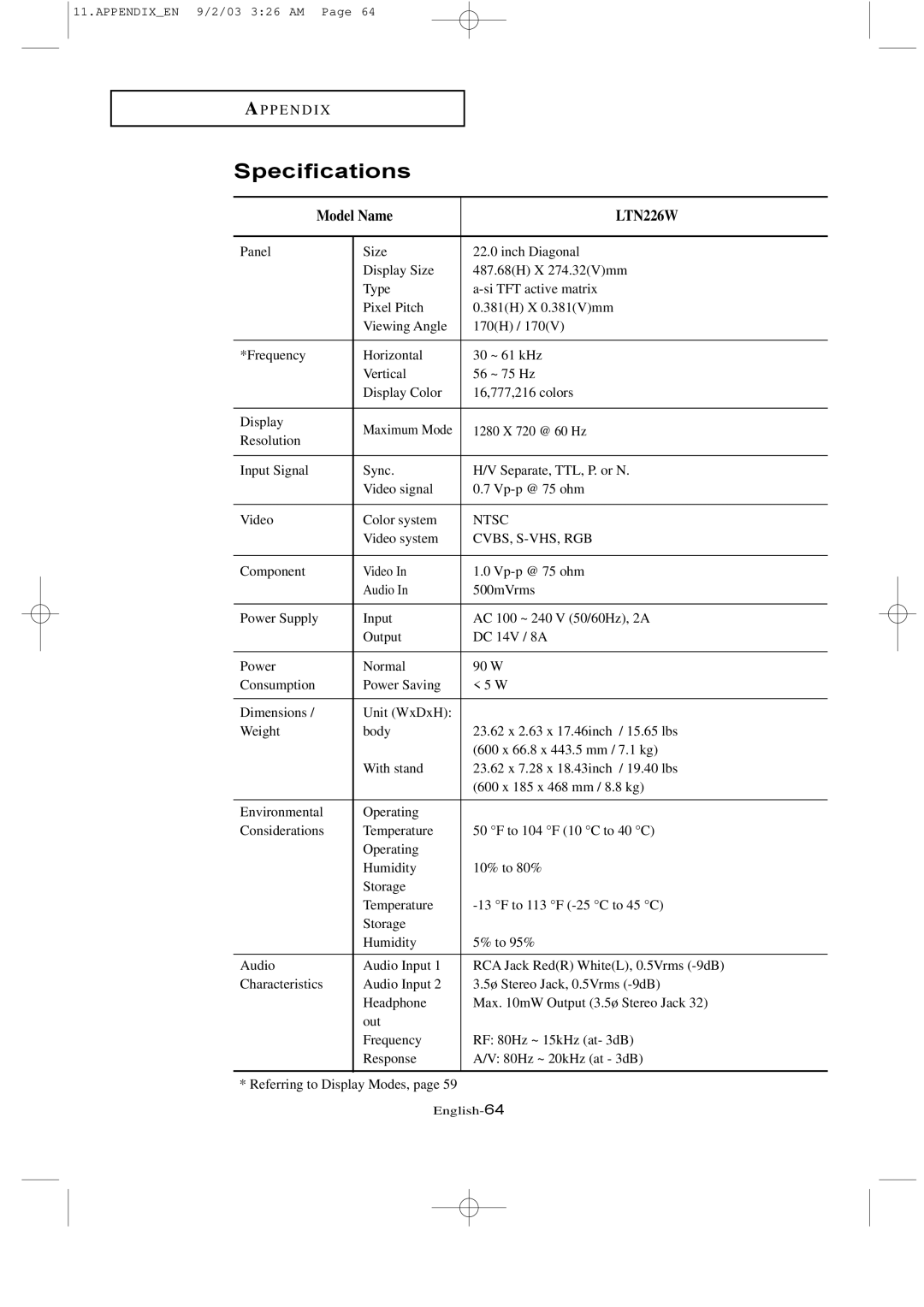 Samsung LTN226W manual Specifications 