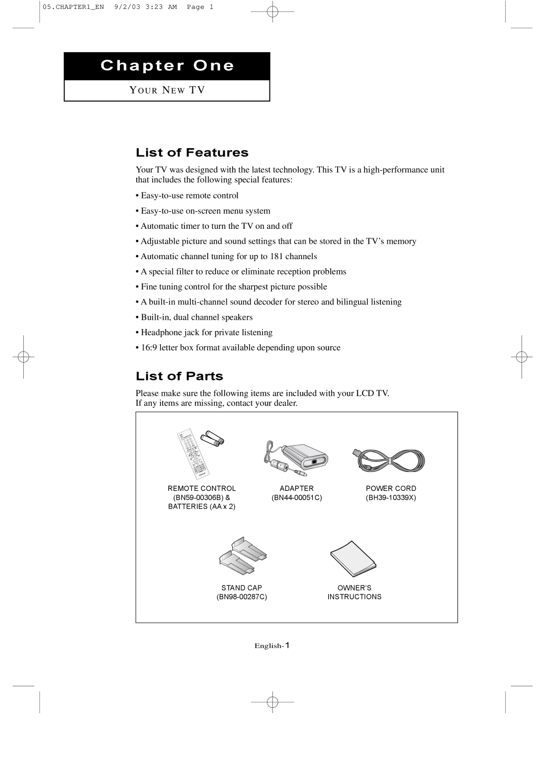 Samsung LTN226W manual List of Features, List of Parts 