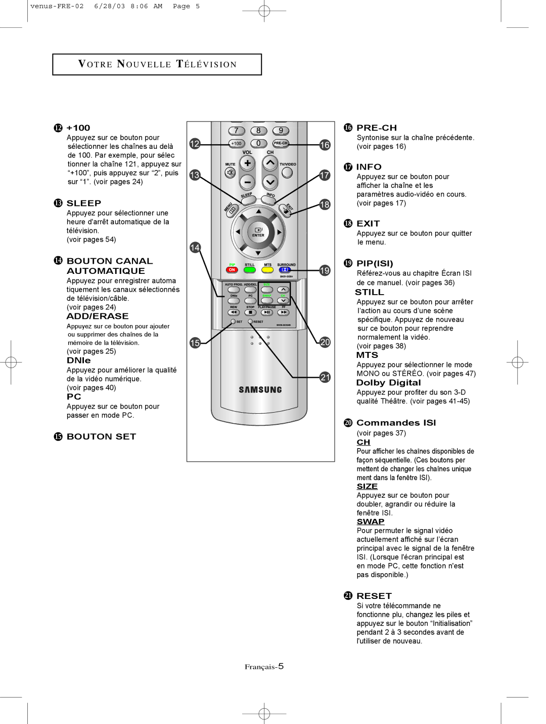 Samsung LTN325W, LTN406W manual +100, DNIe, Dolby Digital, Commandes ISI 