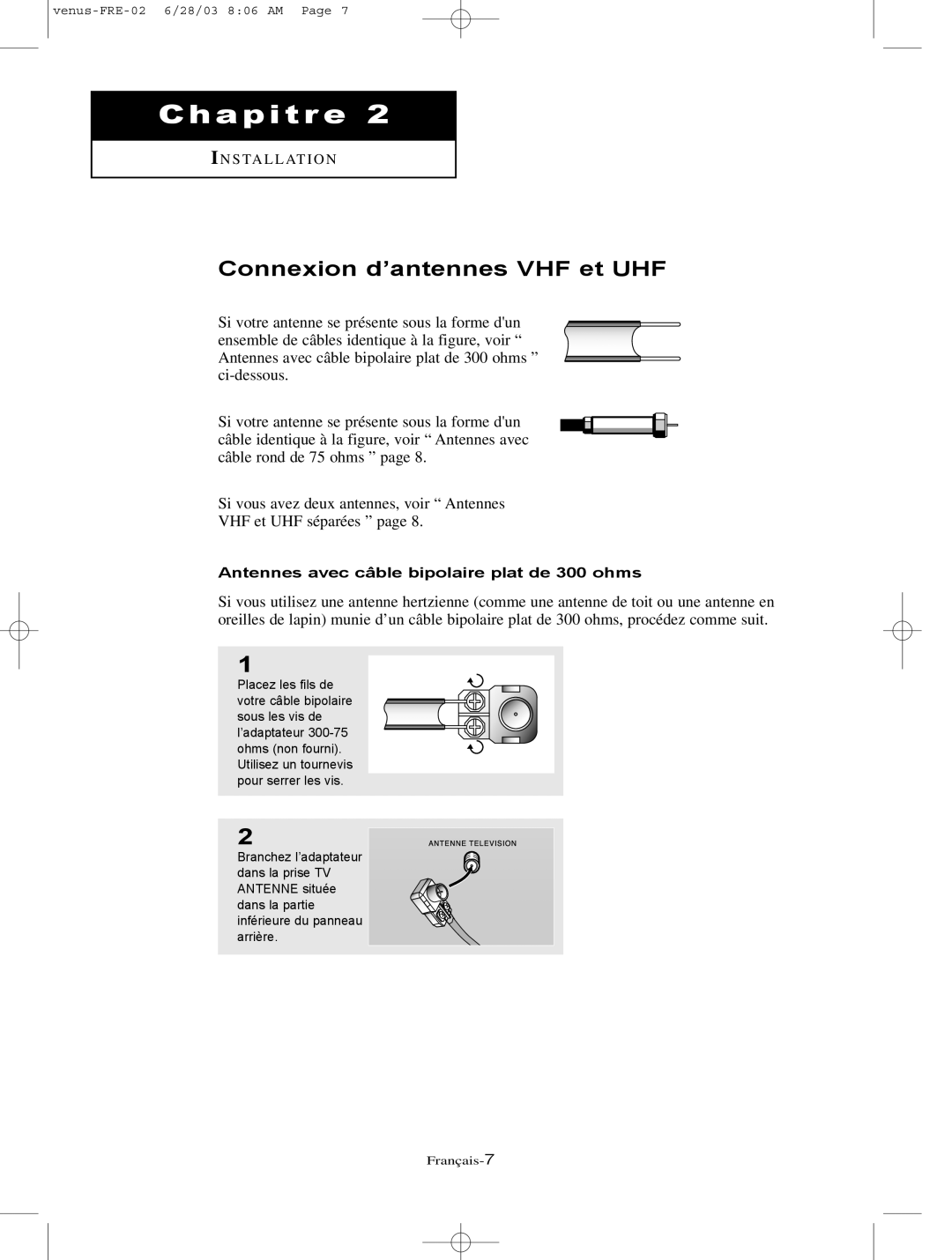 Samsung LTN325W, LTN406W manual Connexion d’antennes VHF et UHF, Antennes avec câble bipolaire plat de 300 ohms 