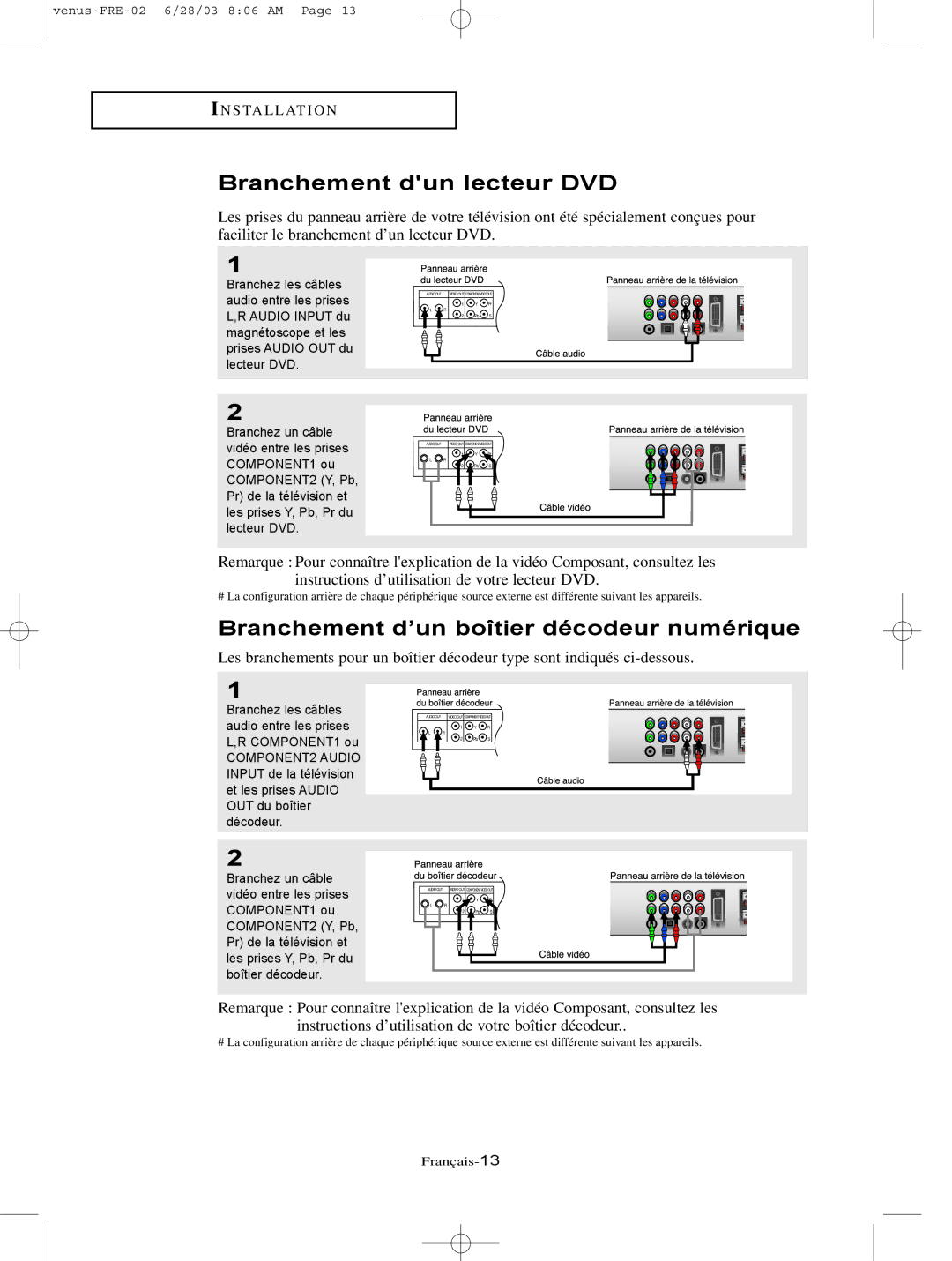 Samsung LTN325W, LTN406W manual Branchement dun lecteur DVD, Branchement d’un boîtier décodeur numérique 