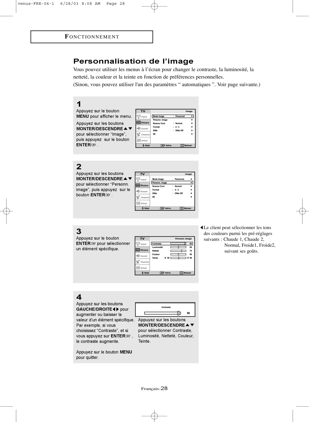 Samsung LTN406W, LTN325W manual Personnalisation de l’image 