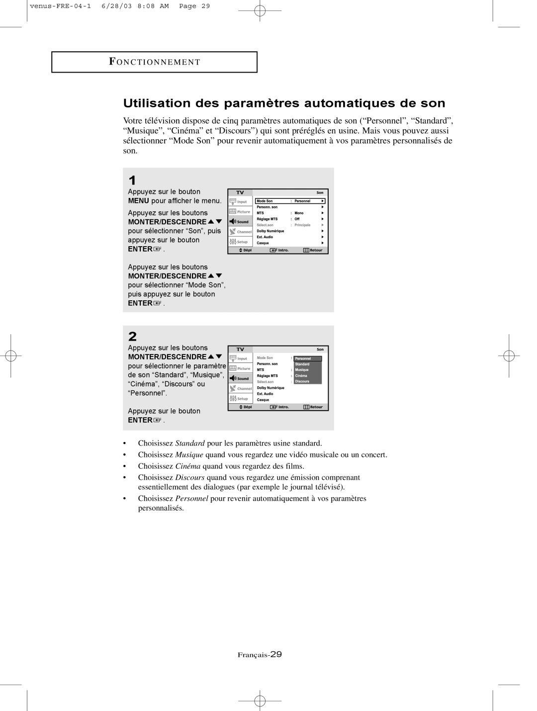 Samsung LTN325W, LTN406W manual Utilisation des paramètres automatiques de son 