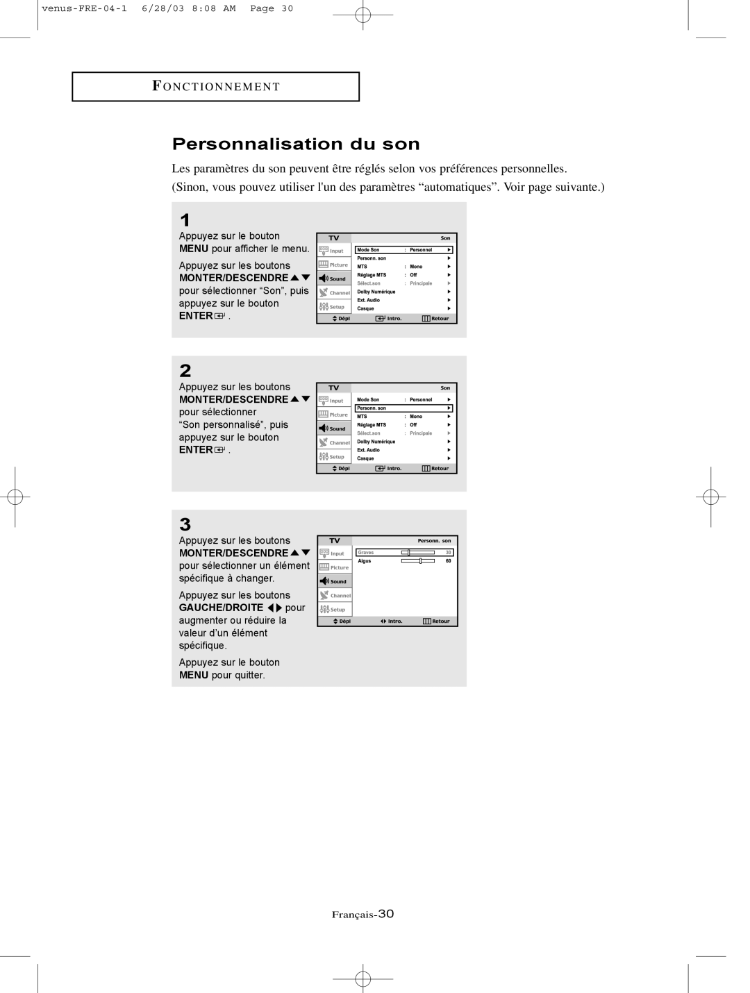 Samsung LTN406W, LTN325W manual Personnalisation du son 