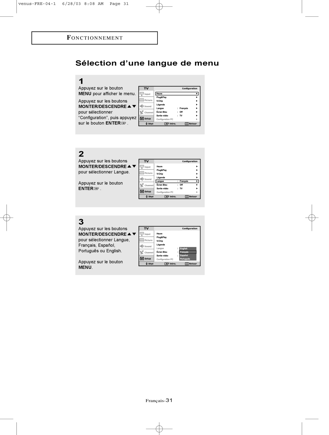 Samsung LTN325W, LTN406W manual Sélection d’une langue de menu 