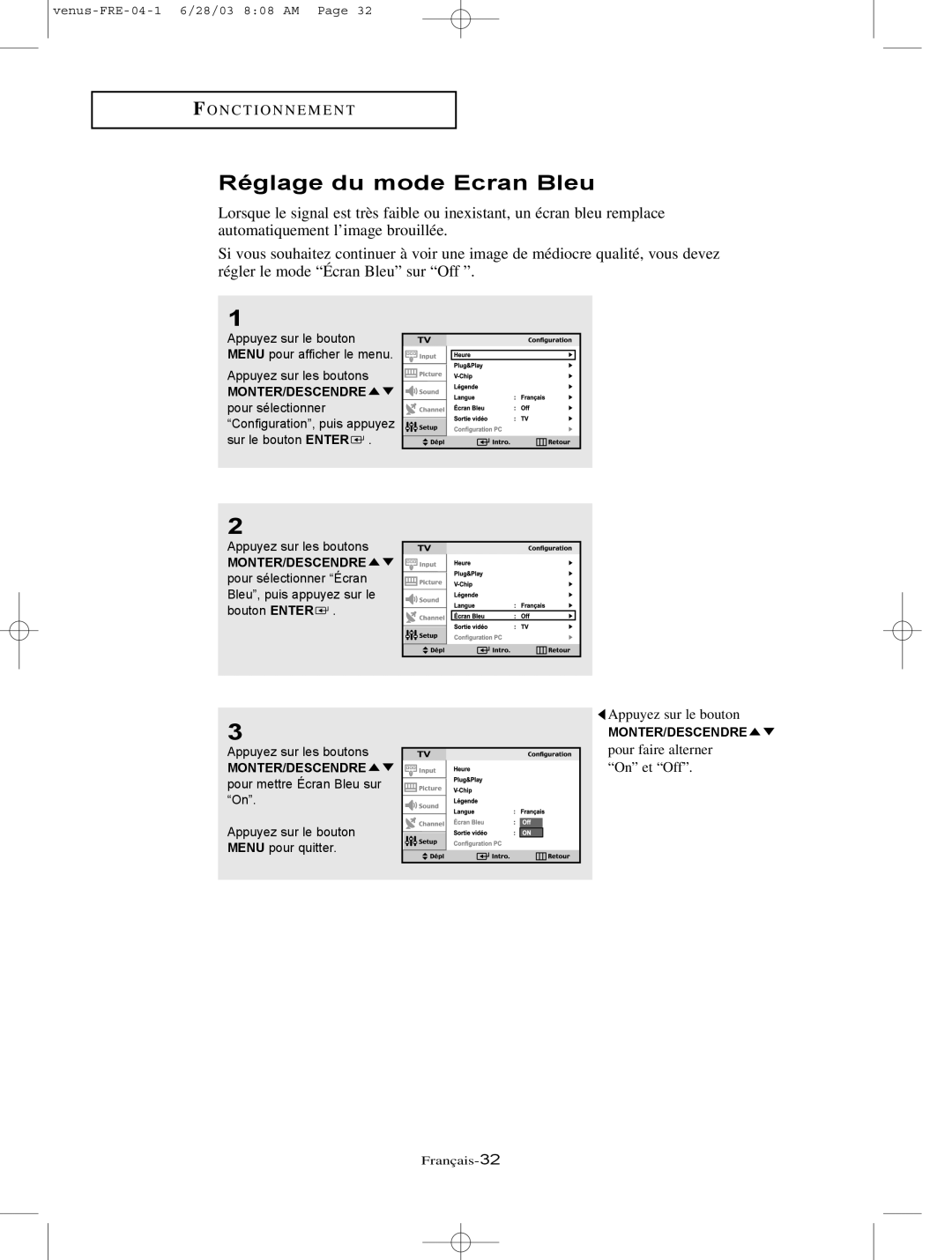 Samsung LTN406W, LTN325W manual Réglage du mode Ecran Bleu 