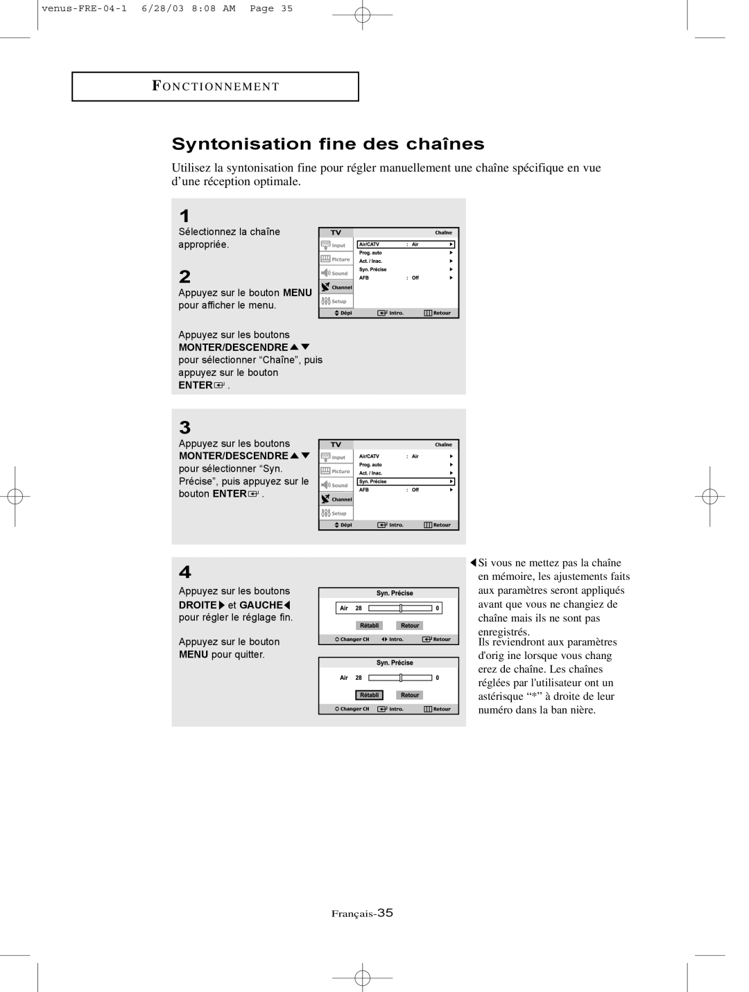 Samsung LTN325W, LTN406W manual Syntonisation fine des chaînes 