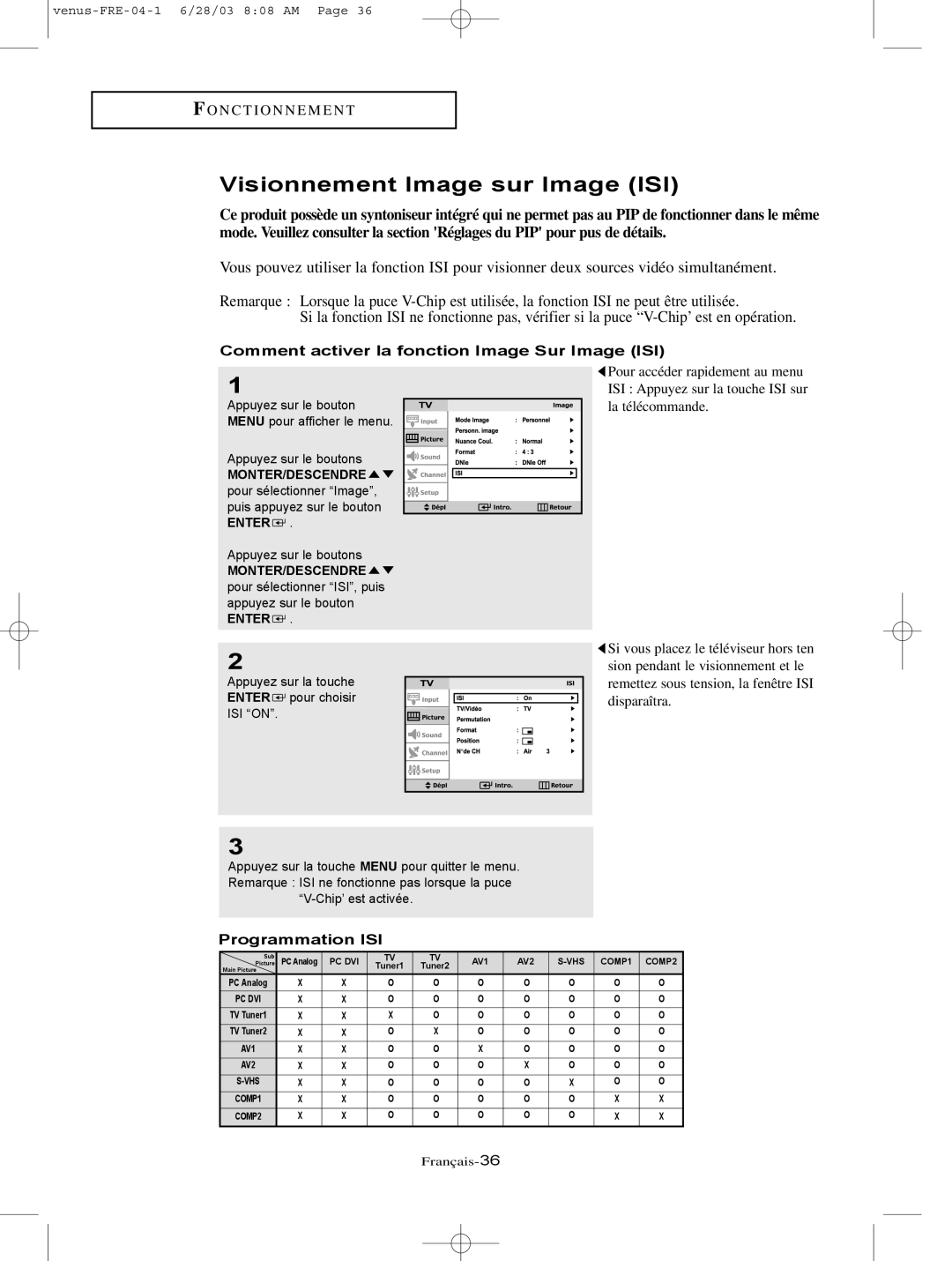 Samsung LTN406W manual Visionnement Image sur Image ISI, Comment activer la fonction Image Sur Image ISI, Programmation ISI 