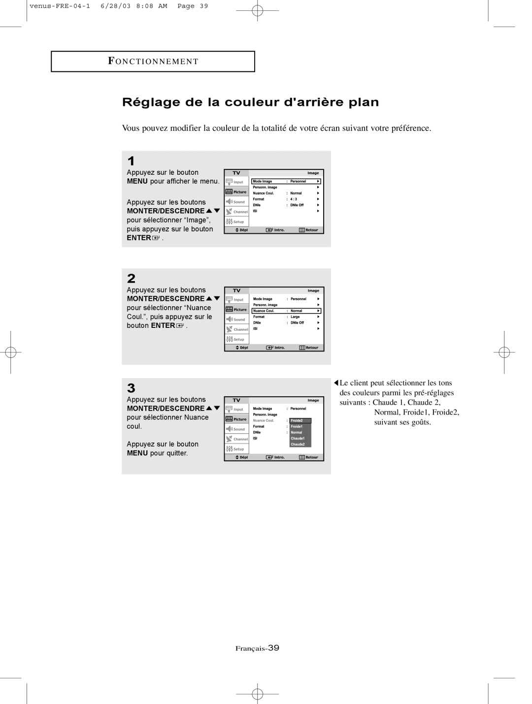 Samsung LTN325W, LTN406W manual Réglage de la couleur darrière plan 