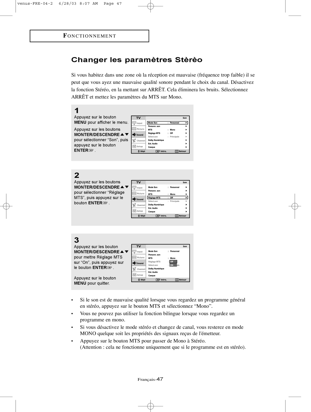 Samsung LTN325W, LTN406W manual Changer les paramètres Stèrèo 