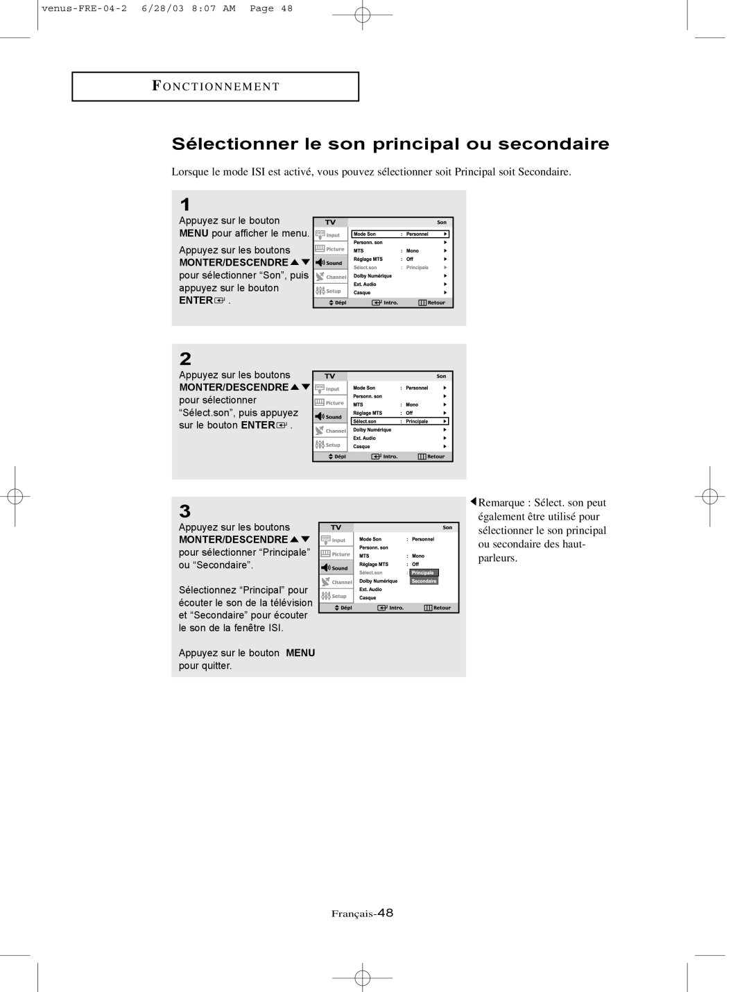 Samsung LTN406W Sélectionner le son principal ou secondaire, MONTER/DESCENDRE pour sélectionner Principale ou Secondaire 