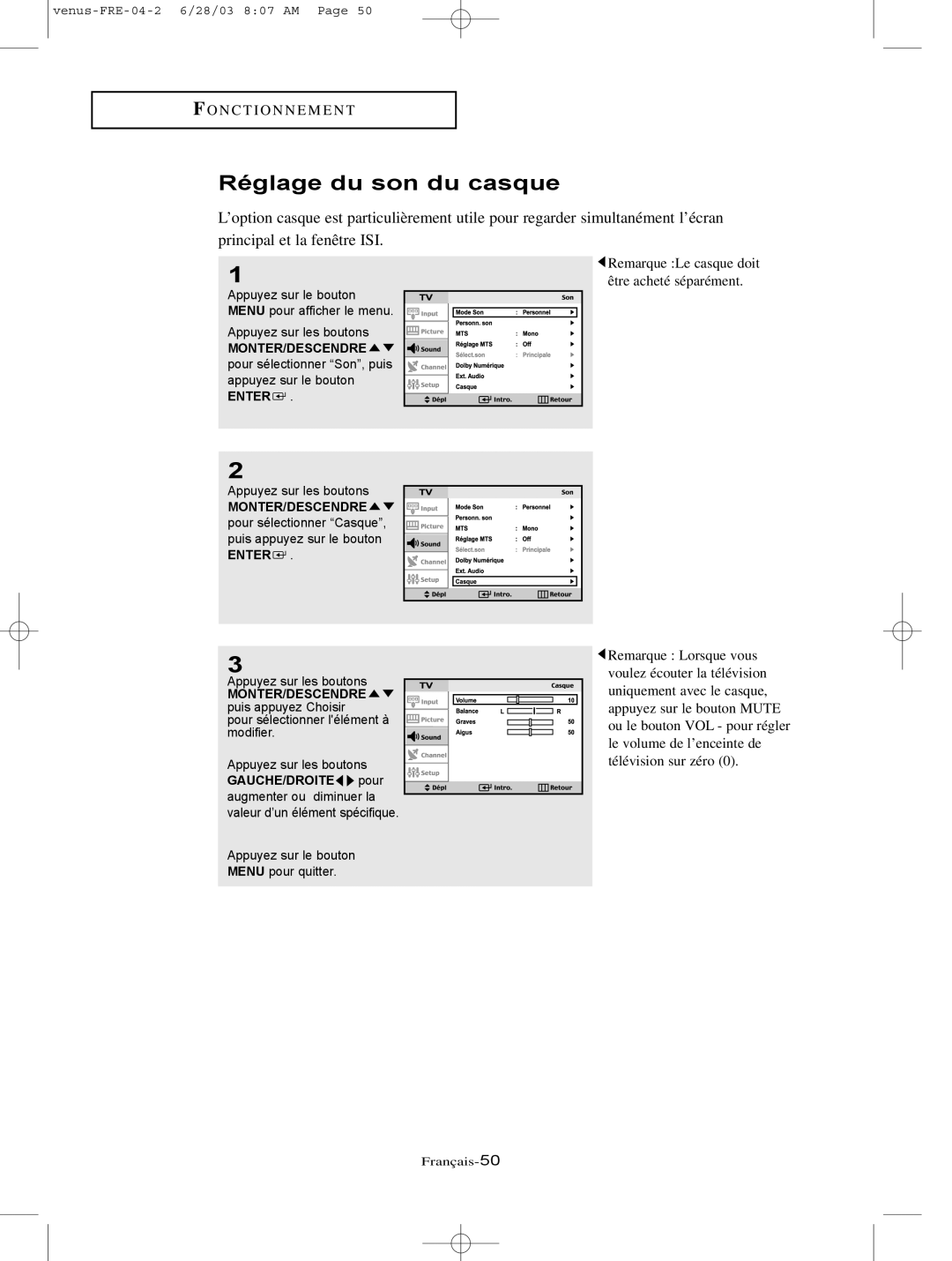 Samsung LTN406W, LTN325W manual Réglage du son du casque, GAUCHE/DROITE pour 