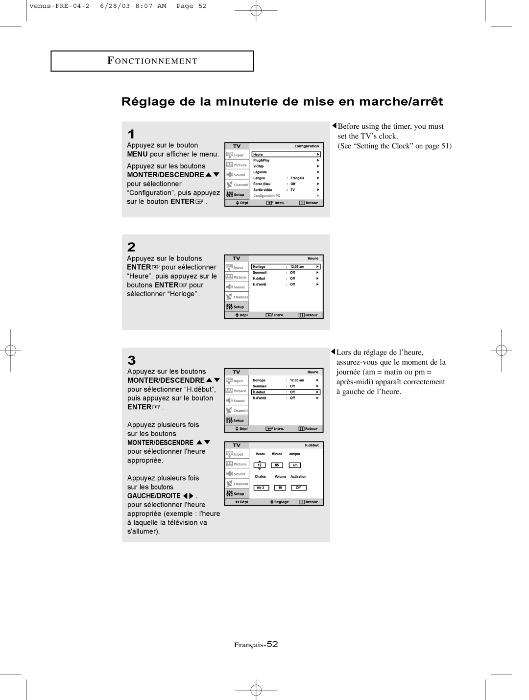 Samsung LTN406W, LTN325W manual Réglage de la minuterie de mise en marche/arrêt 