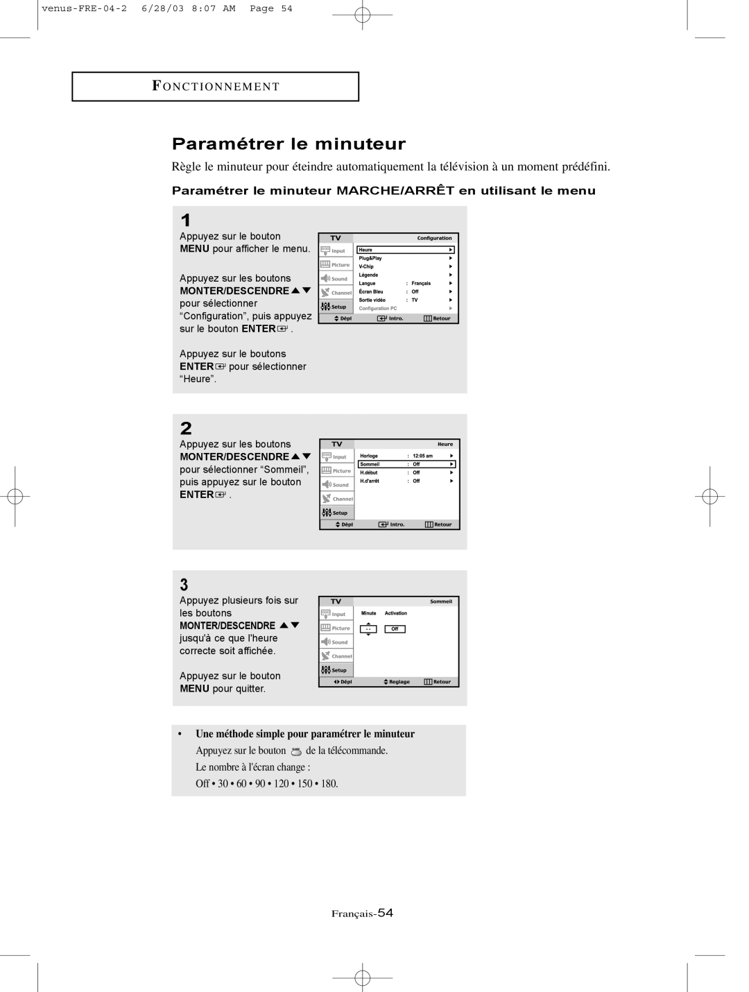 Samsung LTN406W, LTN325W manual Paramétrer le minuteur MARCHE/ARRÊT en utilisant le menu 