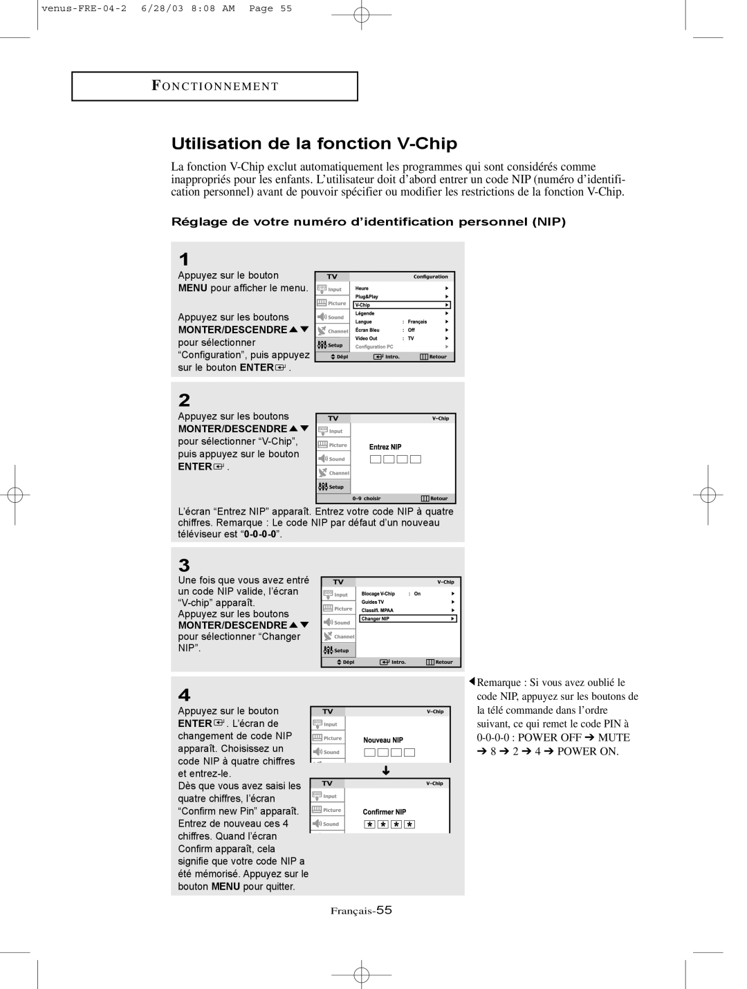 Samsung LTN325W, LTN406W manual Utilisation de la fonction V-Chip, Réglage de votre numéro d’identification personnel NIP 