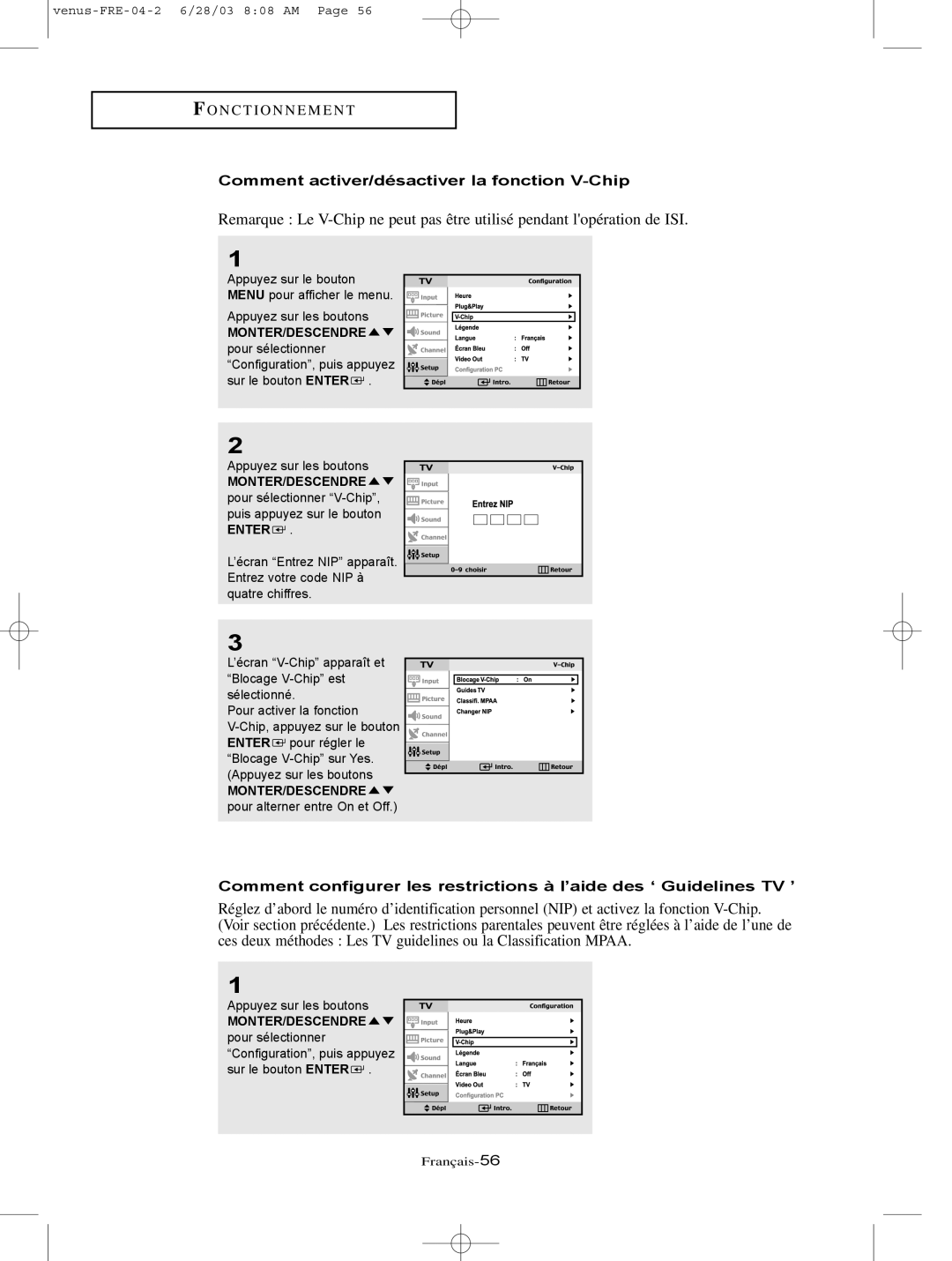 Samsung LTN406W, LTN325W manual Comment activer/désactiver la fonction V-Chip 