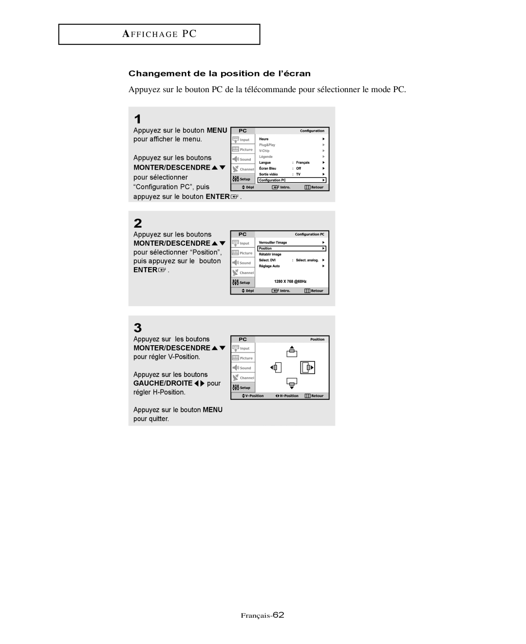 Samsung LTN406W, LTN325W manual Changement de la position de l’écran, MONTER/DESCENDRE pour régler V-Position 