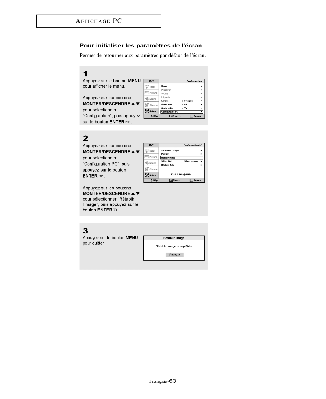 Samsung LTN325W manual Permet de retourner aux paramètres par défaut de lécran, Pour initialiser les paramètres de lécran 