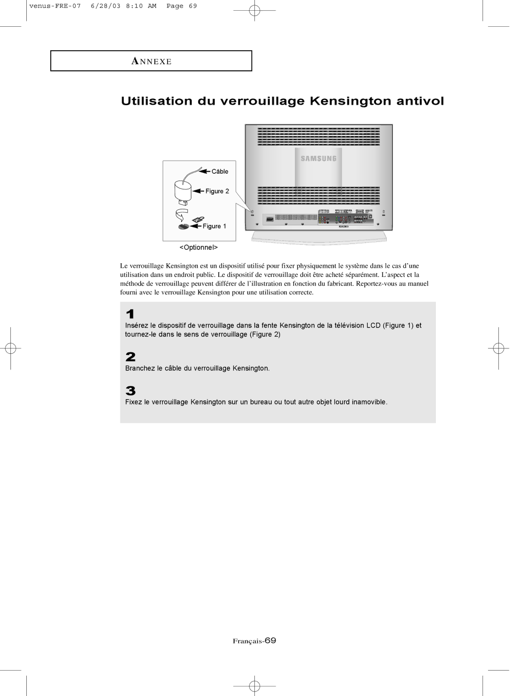 Samsung LTN325W, LTN406W manual Utilisation du verrouillage Kensington antivol, Optionnel 