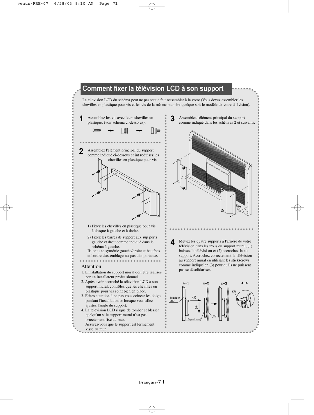 Samsung LTN325W, LTN406W manual Comment fixer la télévision LCD à son support 