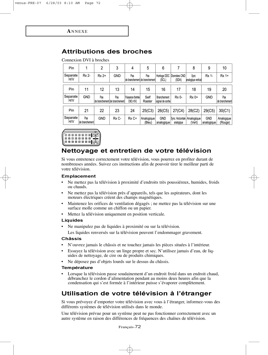 Samsung LTN406W, LTN325W manual Attributions des broches, Nettoyage et entretien de votre télévision 