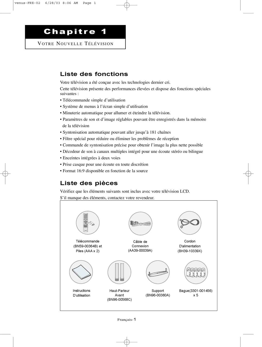 Samsung LTN325W, LTN406W manual Liste des fonctions, Liste des pièces 