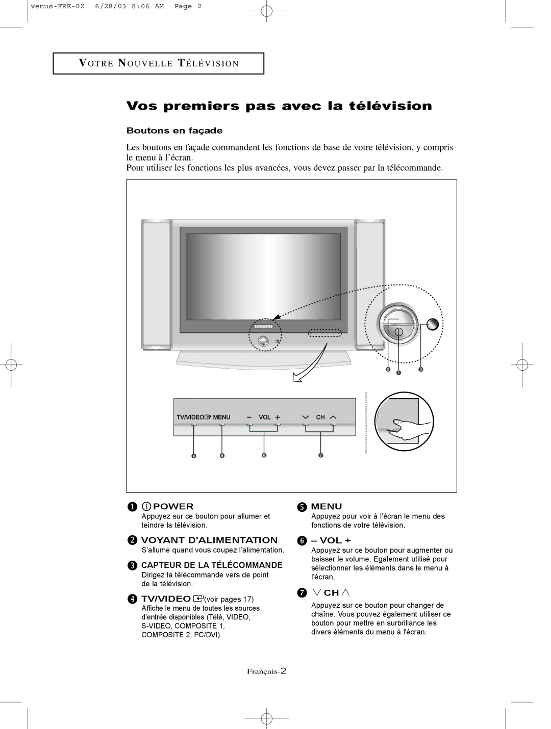 Samsung LTN406W, LTN325W manual Vos premiers pas avec la télévision, Boutons en façade, Vol + 