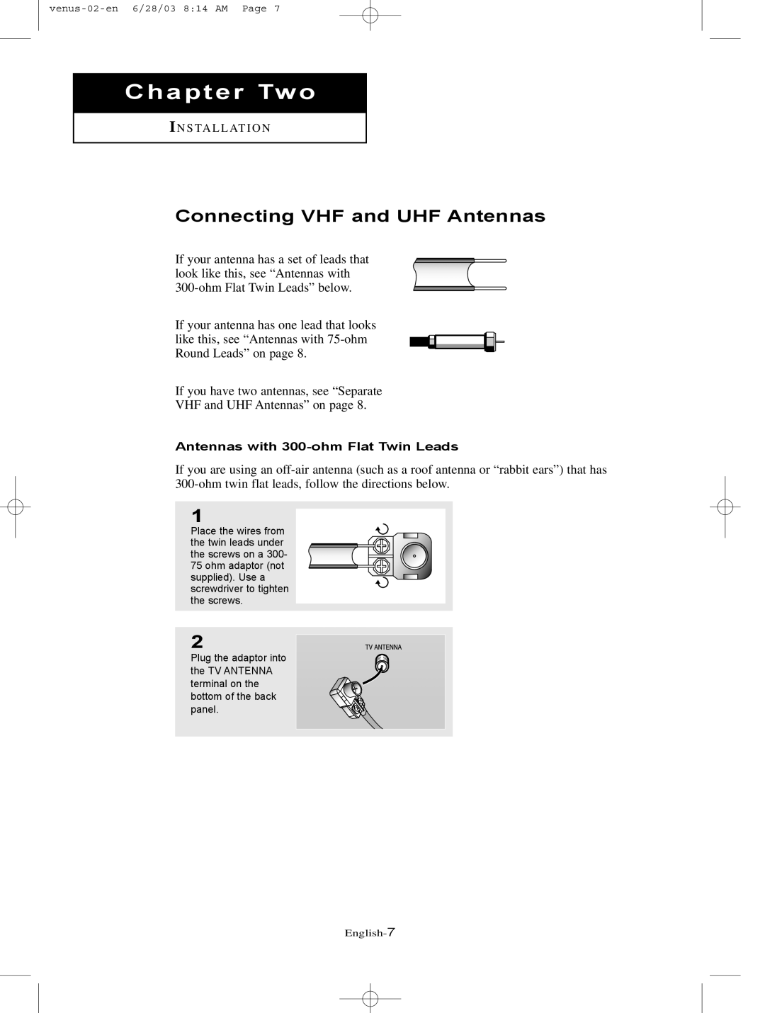 Samsung LTN325W manual Connecting VHF and UHF Antennas, Antennas with 300-ohm Flat Twin Leads 