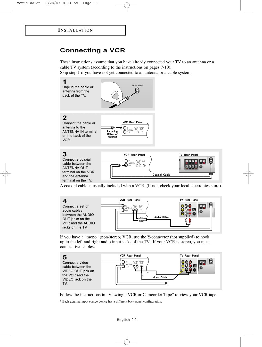 Samsung LTN325W manual Connecting a VCR 