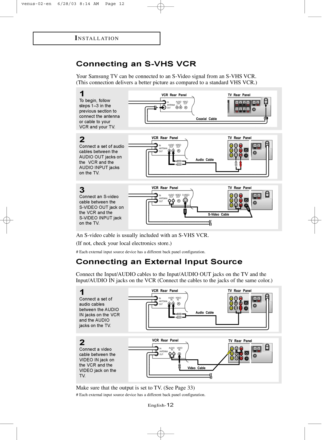 Samsung LTN325W manual Connecting an S-VHS VCR, Connecting an External Input Source 