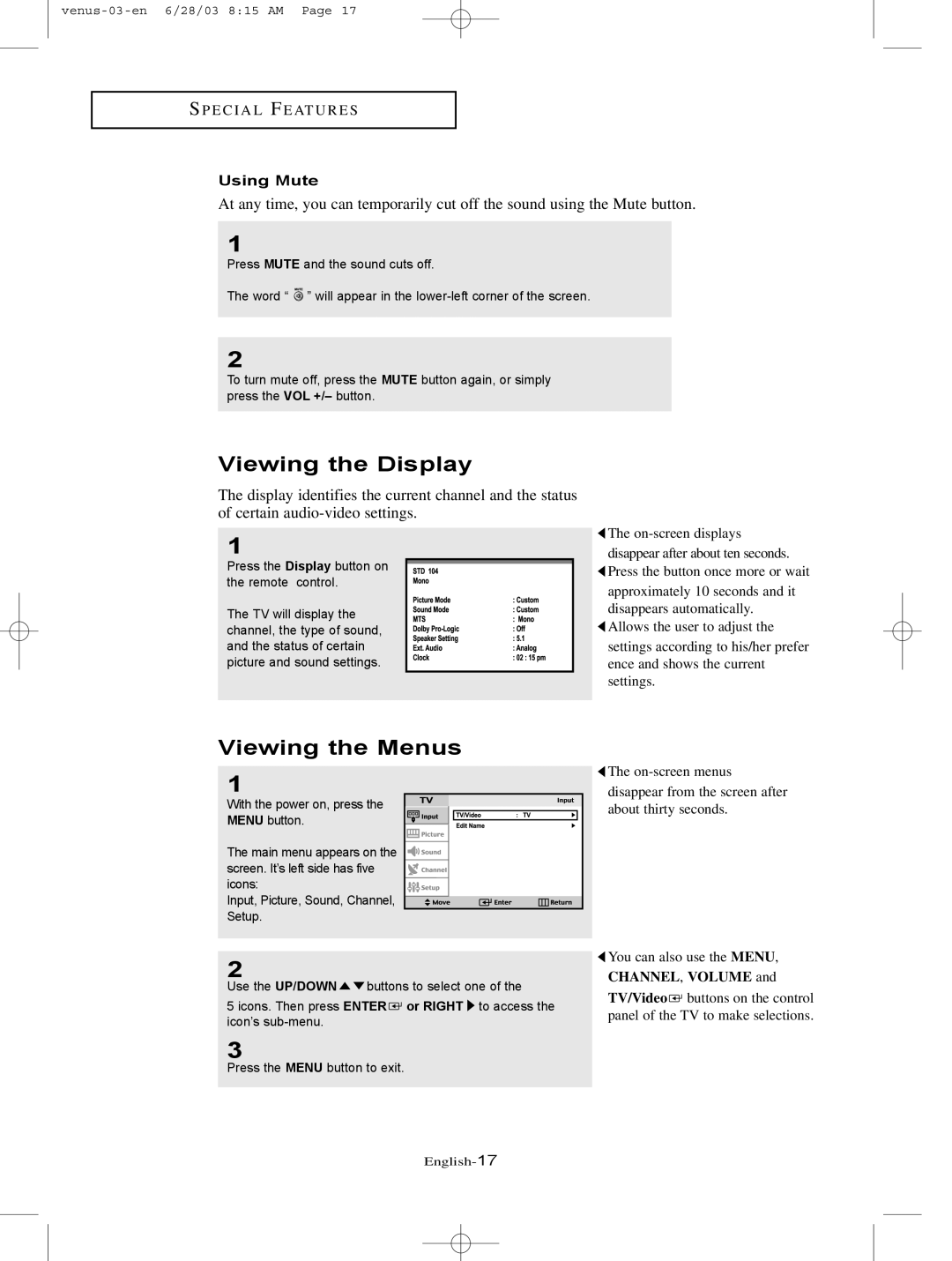 Samsung LTN325W manual Viewing the Display, Viewing the Menus, Using Mute 