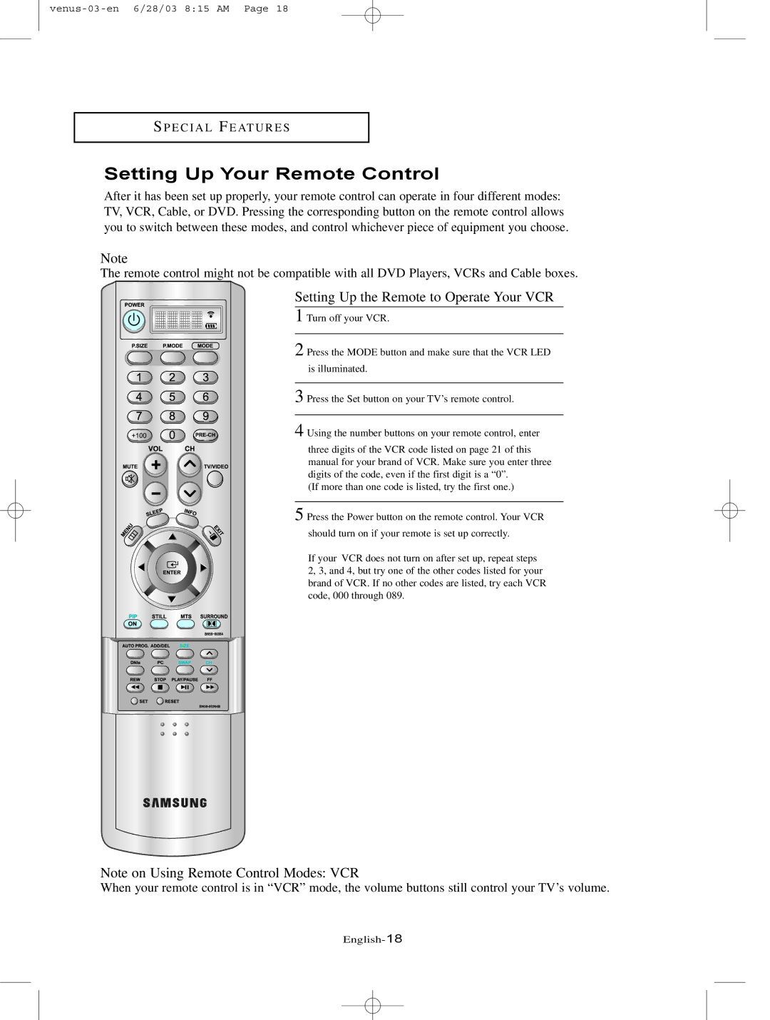 Samsung LTN325W manual Setting Up Your Remote Control, Setting Up the Remote to Operate Your VCR 