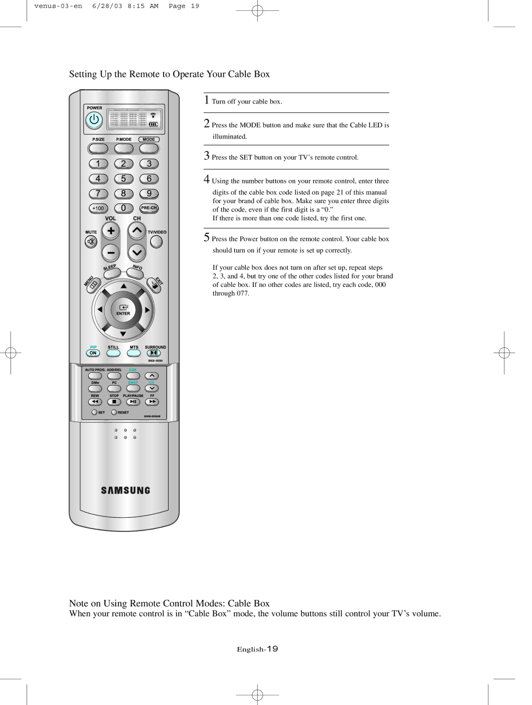 Samsung LTN325W manual Setting Up the Remote to Operate Your Cable Box 