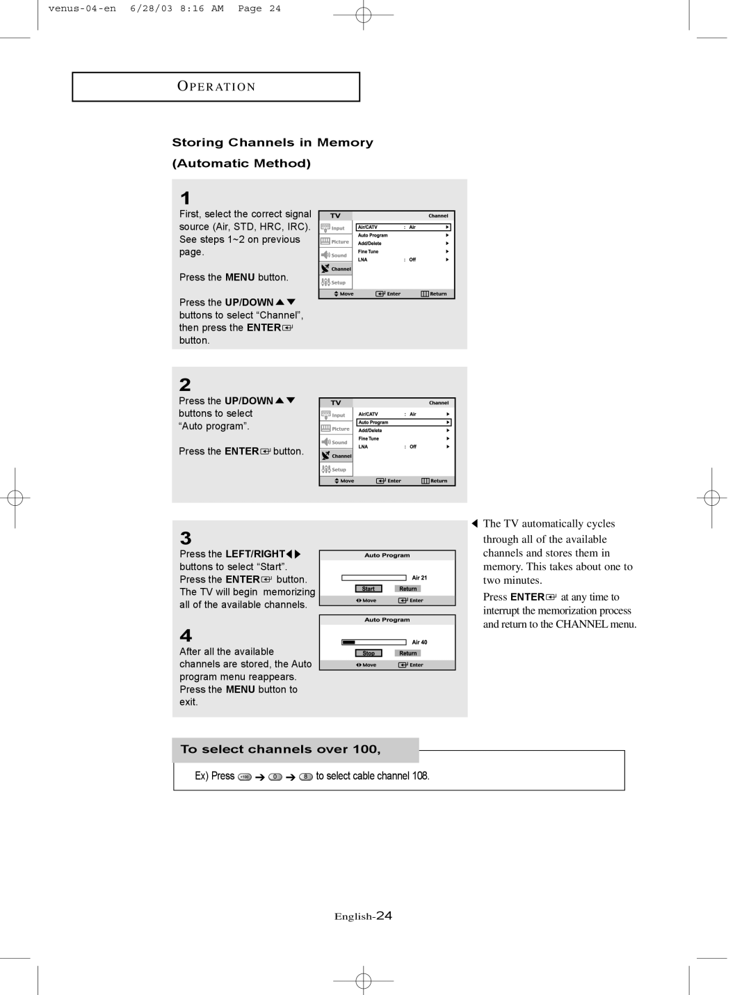 Samsung LTN325W manual Storing Channels in Memory Automatic Method, To select channels over 