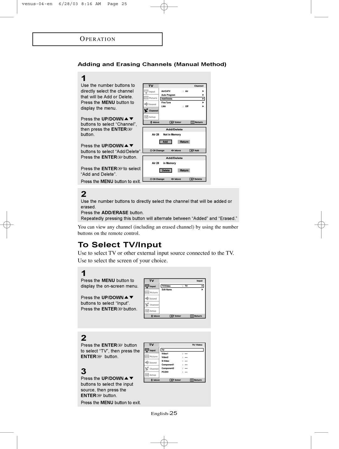 Samsung LTN325W manual To Select TV/Input, Adding and Erasing Channels Manual Method 