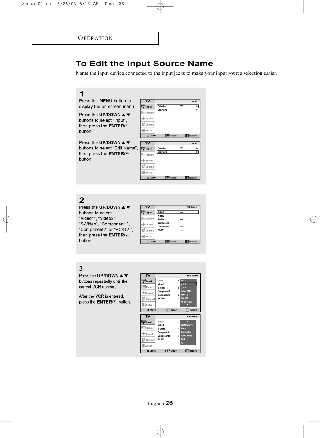 Samsung LTN325W manual To Edit the Input Source Name 