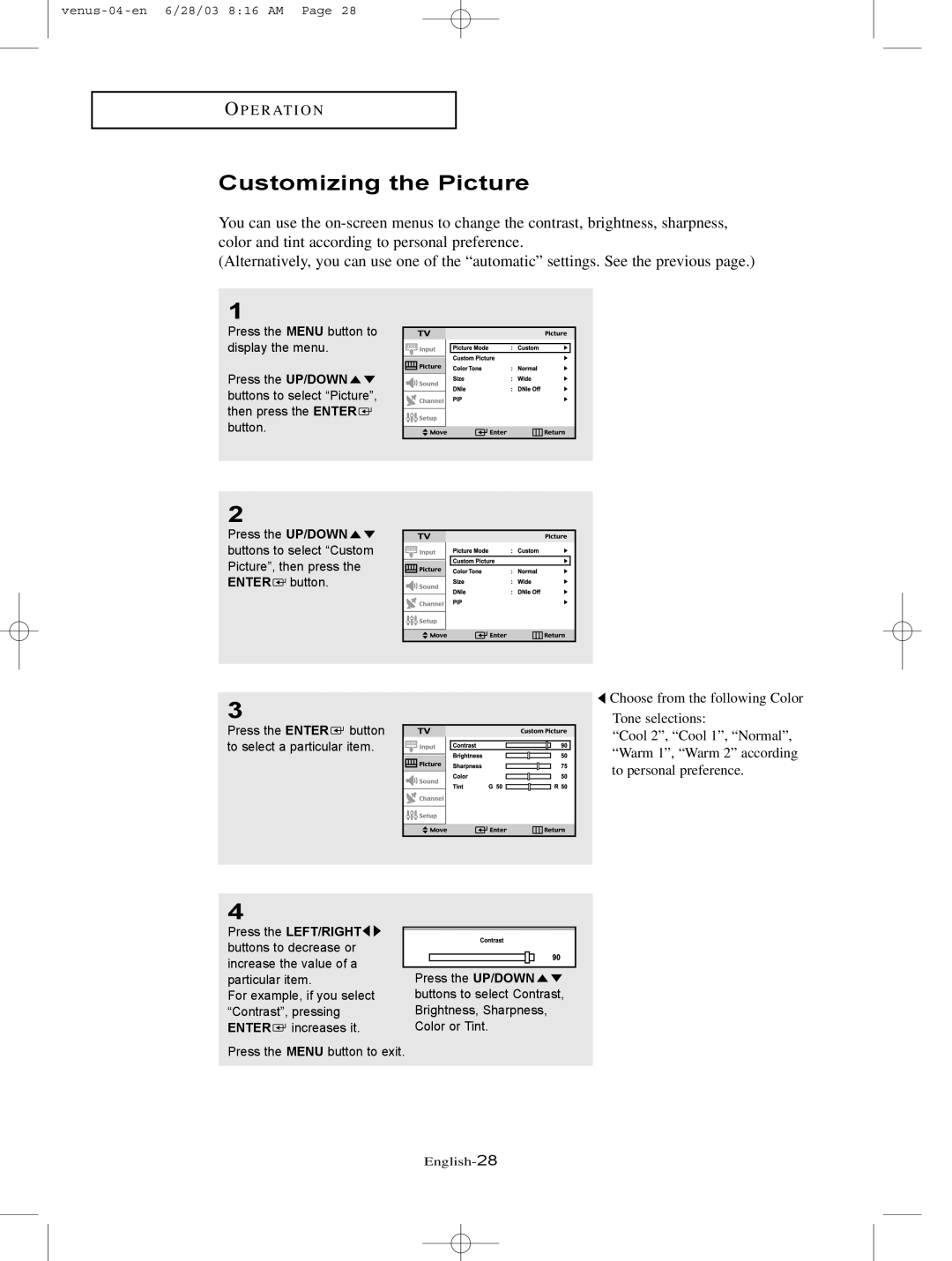 Samsung LTN325W manual Customizing the Picture 