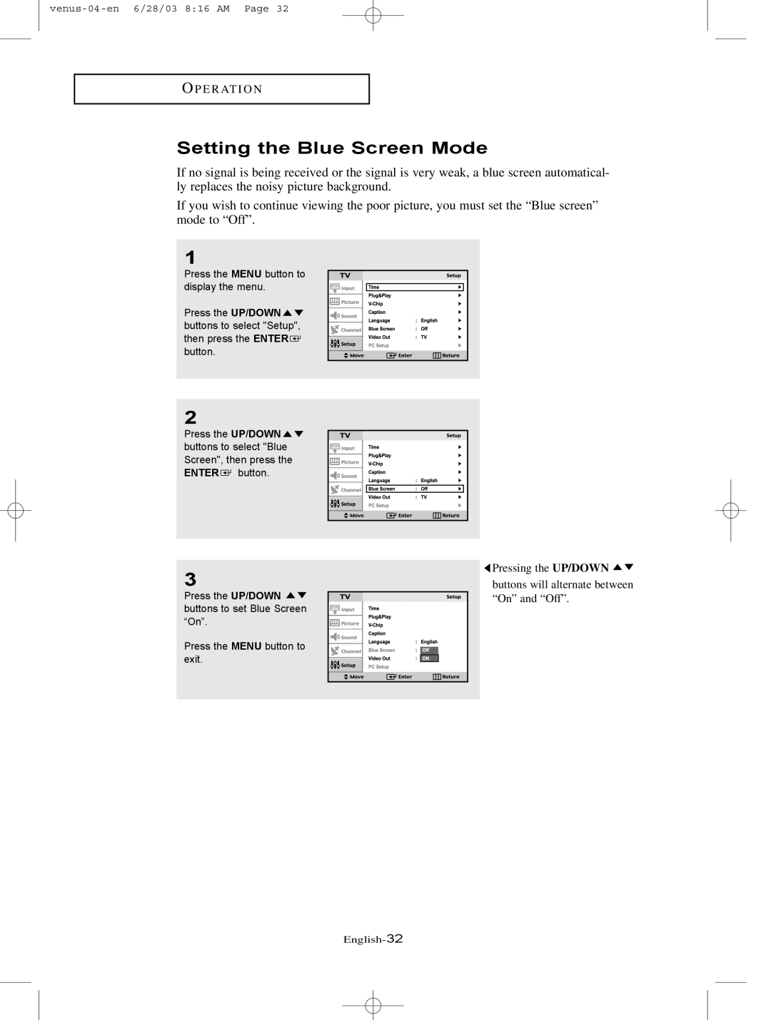 Samsung LTN325W manual Setting the Blue Screen Mode 