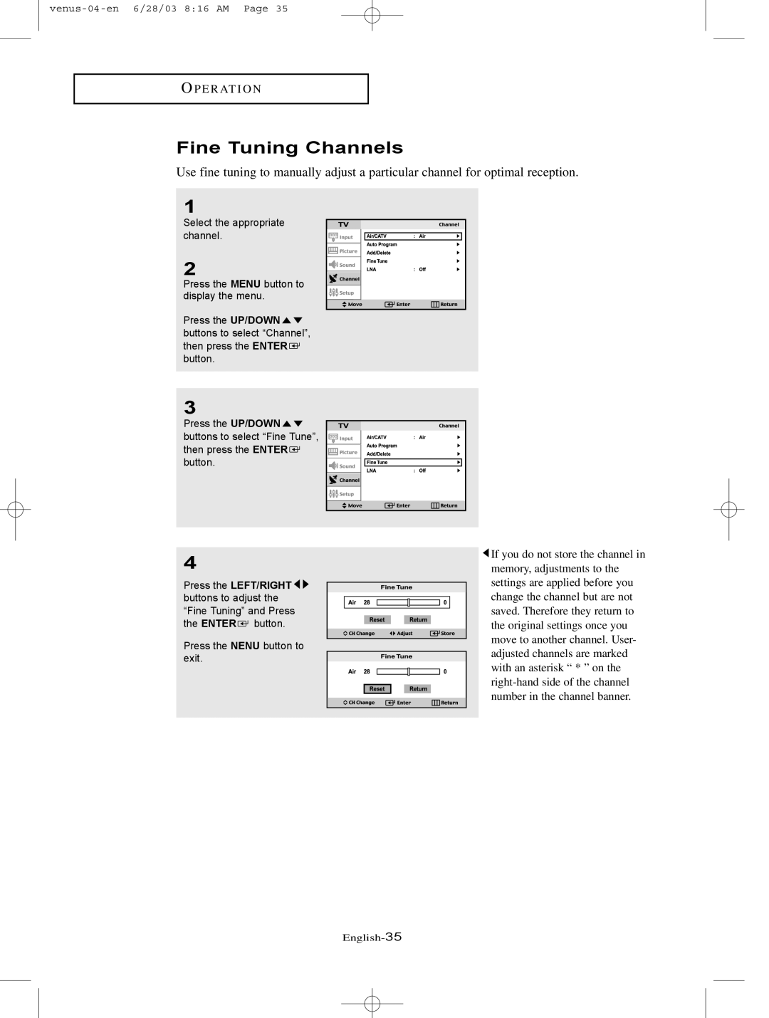 Samsung LTN325W manual Fine Tuning Channels 