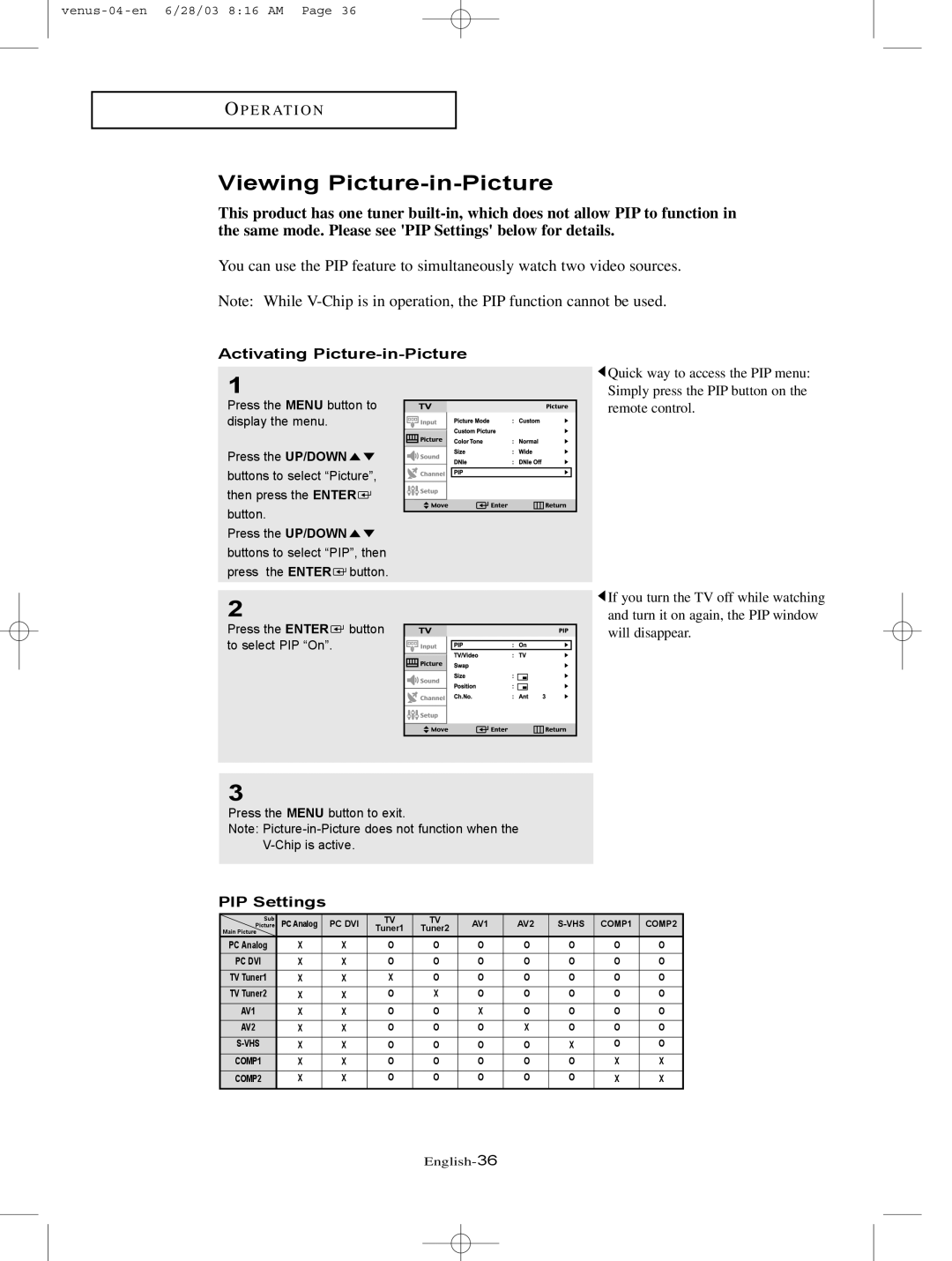 Samsung LTN325W manual Viewing Picture-in-Picture, Activating Picture-in-Picture, PIP Settings 