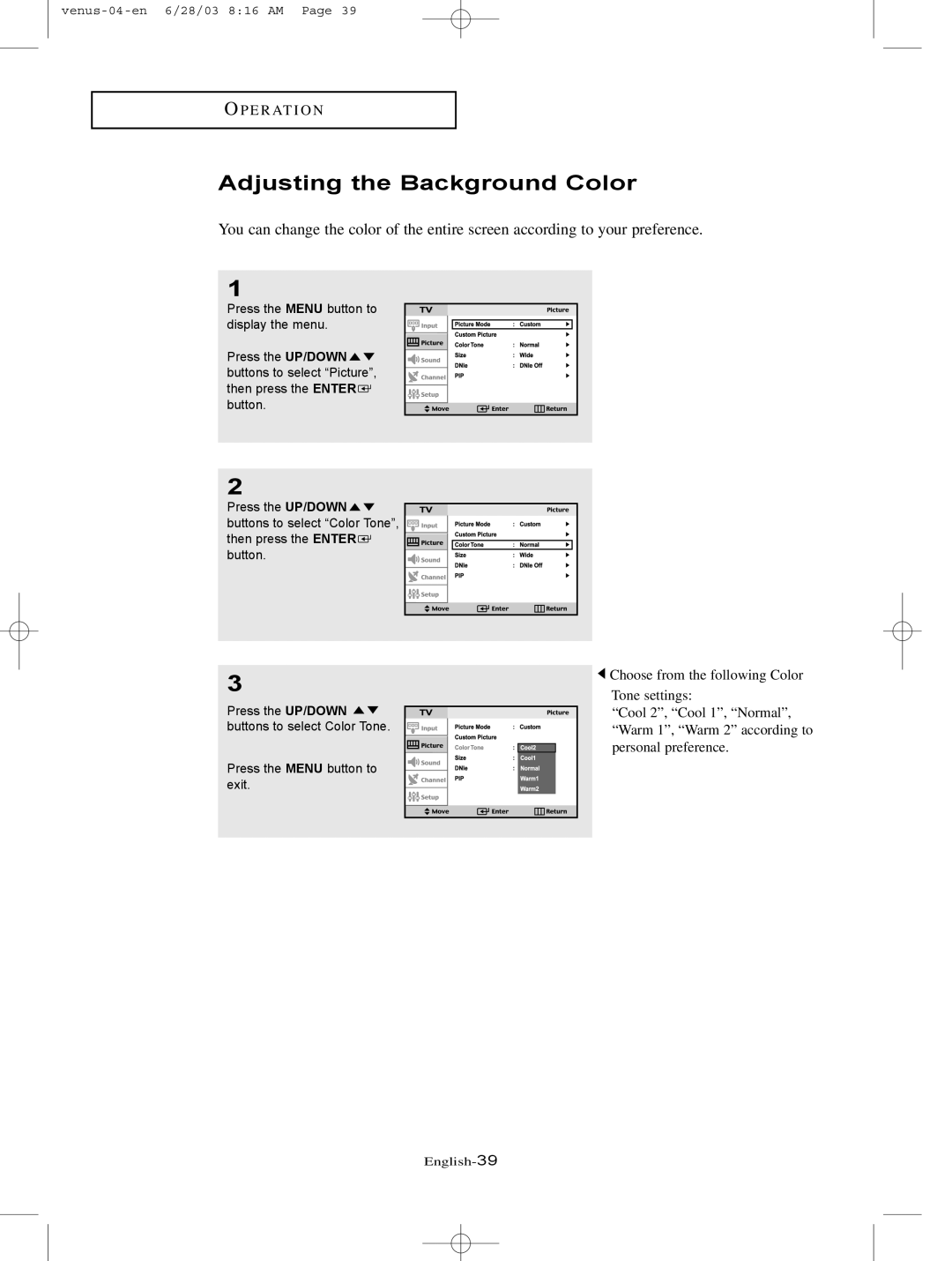 Samsung LTN325W manual Adjusting the Background Color 