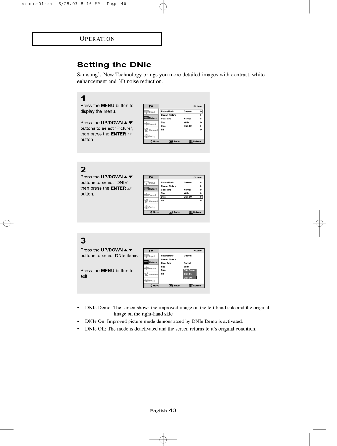 Samsung LTN325W manual Setting the DNIe 