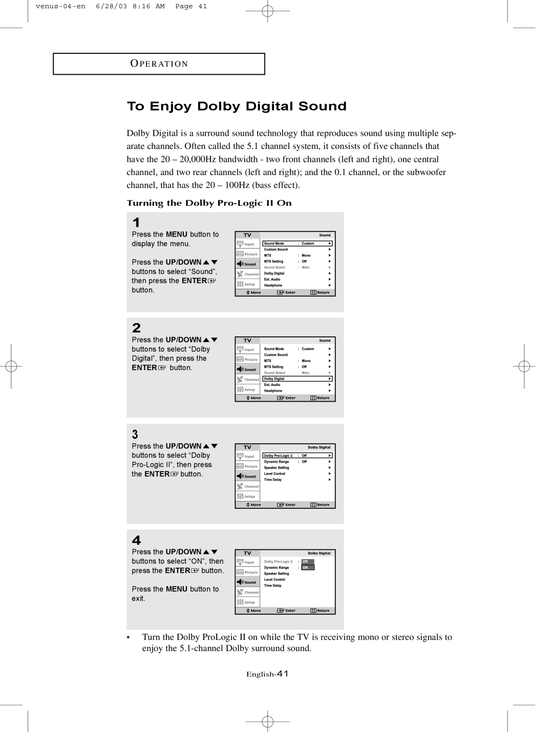 Samsung LTN325W manual To Enjoy Dolby Digital Sound, Turning the Dolby Pro-Logic II On 