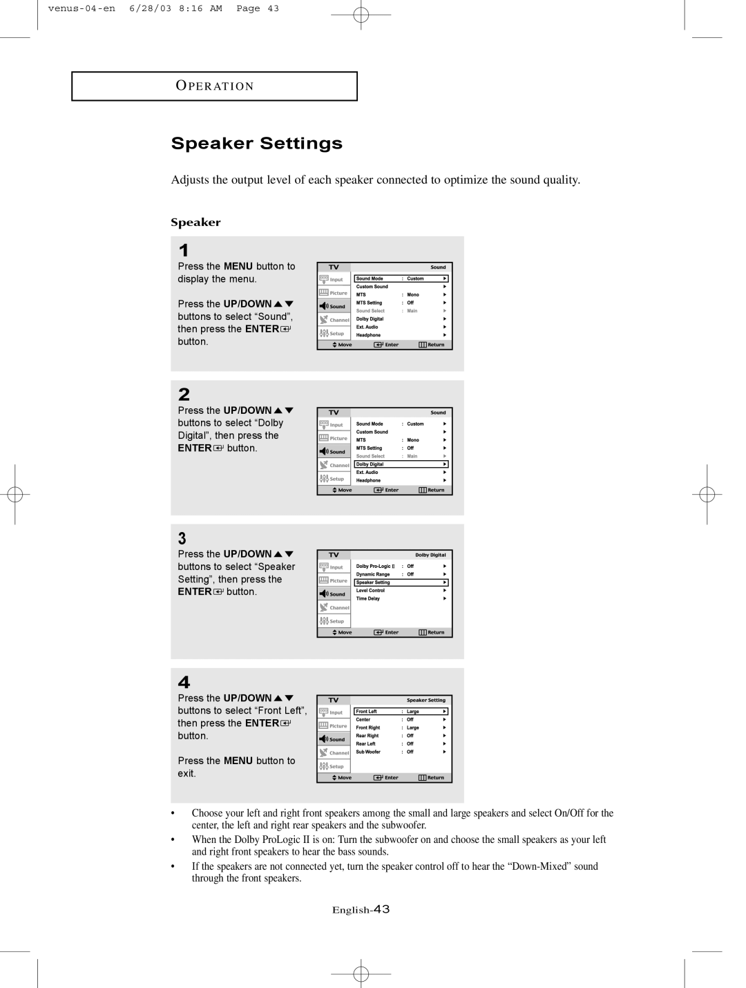 Samsung LTN325W manual Speaker Settings 