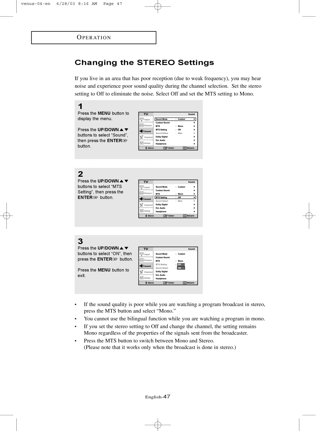 Samsung LTN325W manual Changing the Stereo Settings 