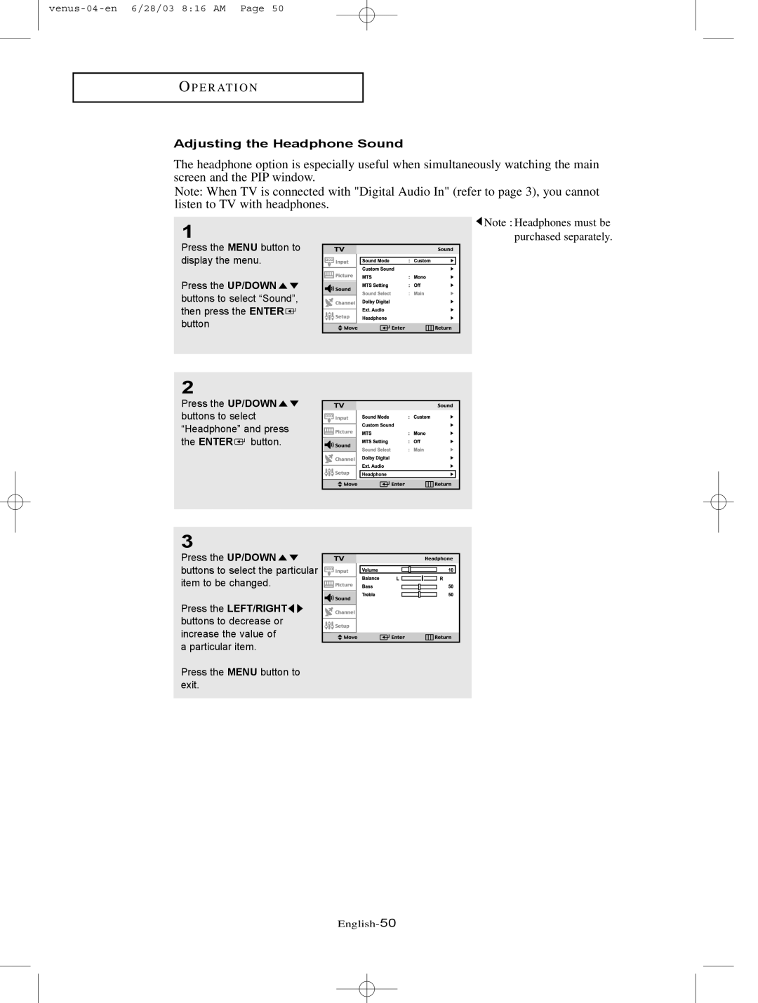 Samsung LTN325W manual Adjusting the Headphone Sound 