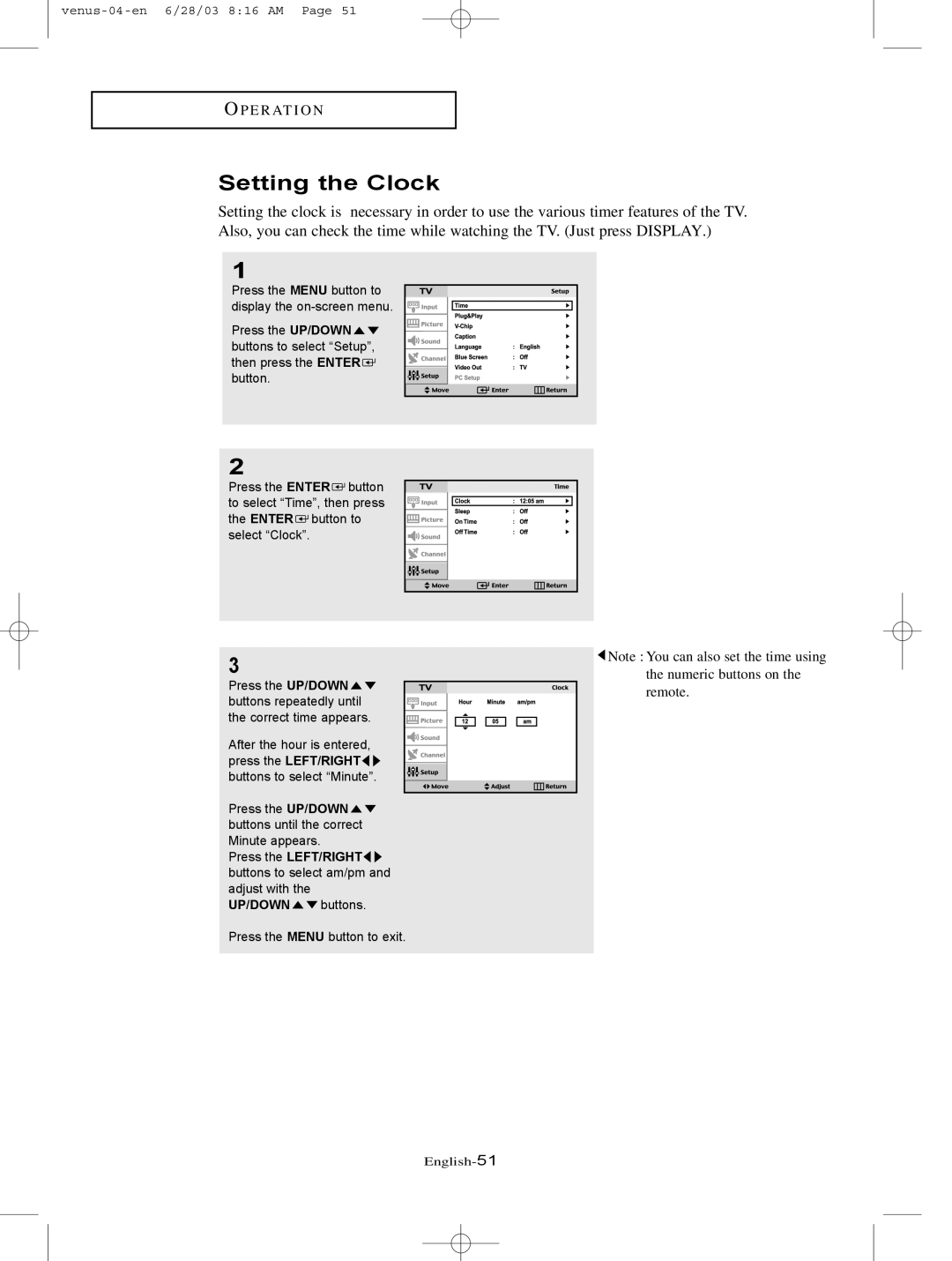 Samsung LTN325W manual Setting the Clock 