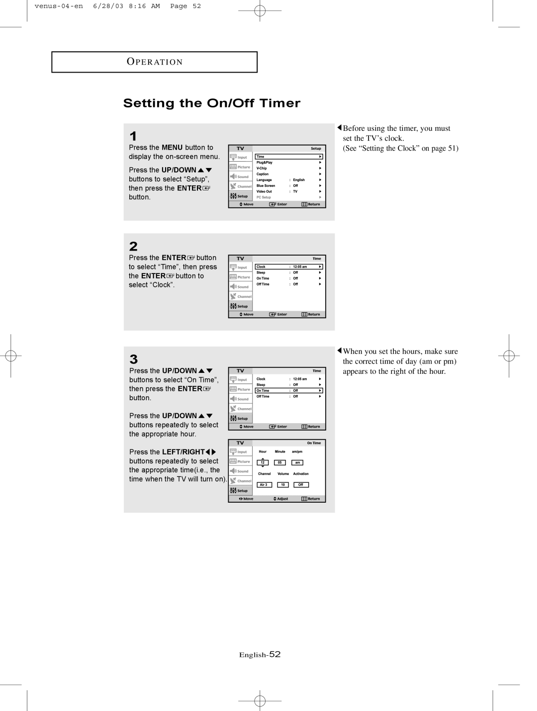 Samsung LTN325W manual Setting the On/Off Timer 