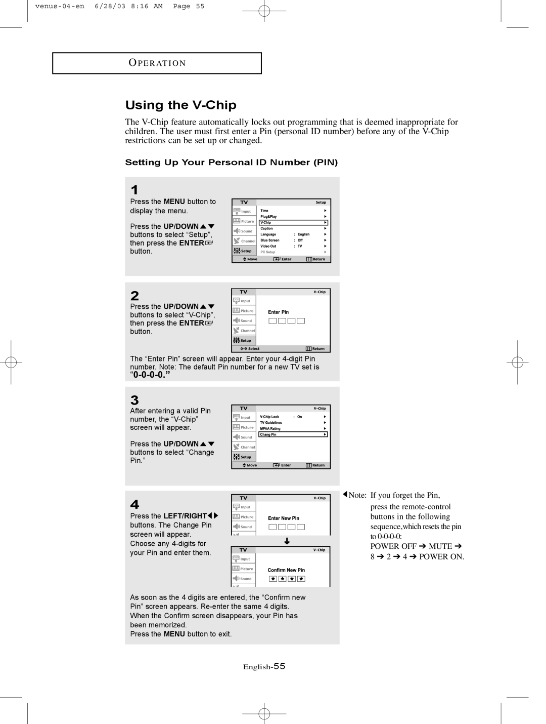 Samsung LTN325W manual Using the V-Chip, Setting Up Your Personal ID Number PIN 